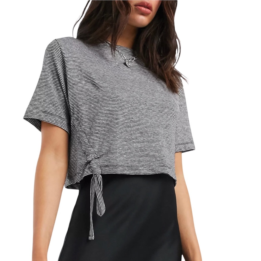 ALLSAINTS Benno Lin Stripe Cropped Ruched T Shirt Size Small